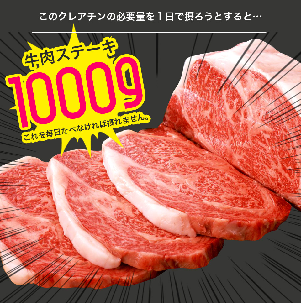 このクレアチンの必要量を1日で摂ろうとすると… 牛肉ステーキ1000g これを毎日食べなければ取れません。
